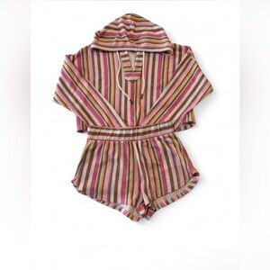 Roxy Multicolor Striped Hooded Swim Coverup Romper - Pink, Green, Cream